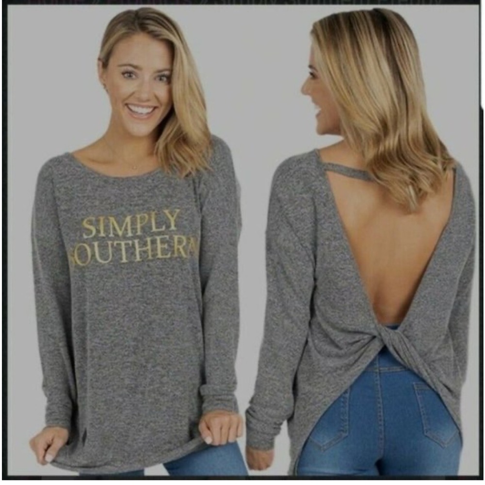 Simply Southern Heather Gray Twist-Back Long Sleeve Top Women’s size Large